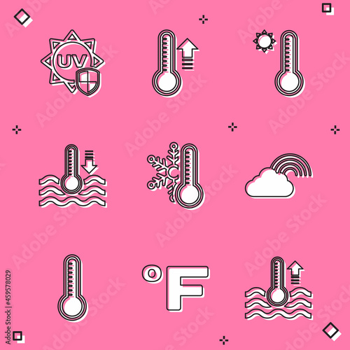 Set UV protection, Meteorology thermometer, Water, Thermometer with snowflake, Rainbow cloud, and Fahrenheit icon. Vector