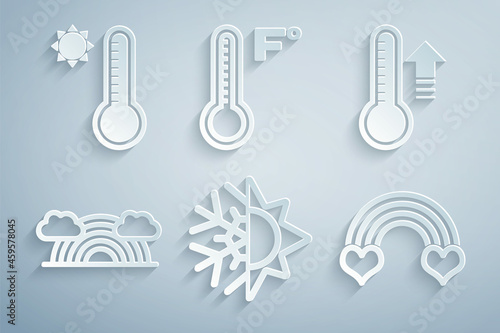 Set Sun and snowflake, Meteorology thermometer, Rainbow with clouds, heart, and icon. Vector