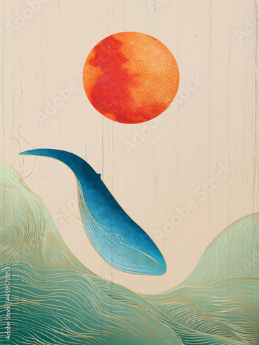 Fototapeta Stylish Japanese style poster with waves and whale of golden lines for textile and social media decoration