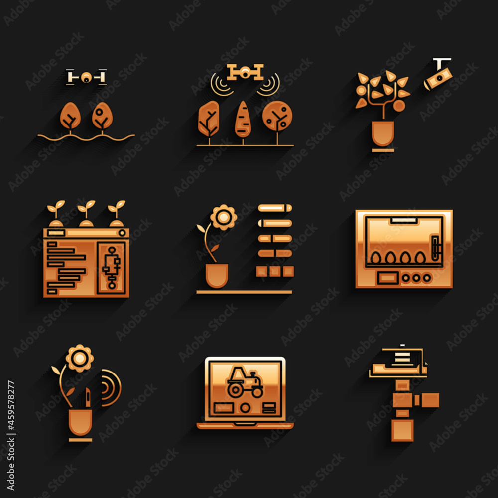 Set Flower status, Laptop application for smart farm, Automatic irrigation sprinklers, Incubator eggs, Smart farming technology, and with drone icon. Vector Set Flower status, Laptop application for smart farm, Automatic irrigation sprinklers, Incubator eggs, Smart farming technology, and with drone icon. Vector