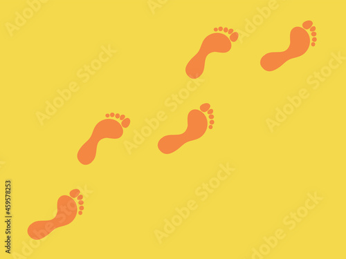 Human footprints in the sand, foot and toe print on yellow background, vector