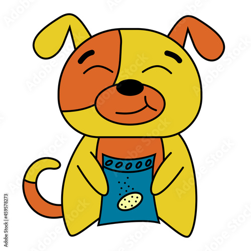 Cartoon dog sticker. Dog chewing dry food from package, cute mascot character