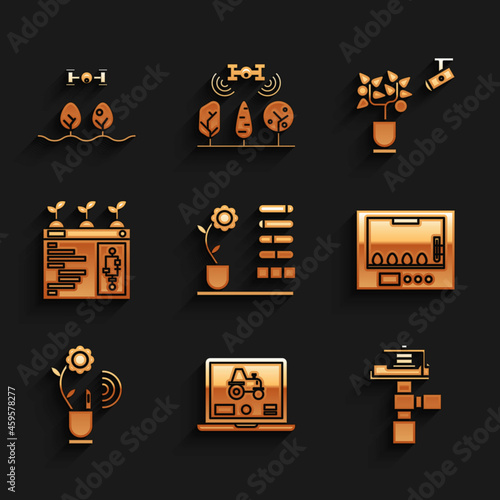 Set Flower status, Laptop application for smart farm, Automatic irrigation sprinklers, Incubator eggs, Smart farming technology, and with drone icon. Vector