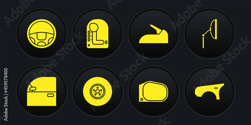 Set Car door, Windscreen wiper, brake disk, mirror, handbrake, Gear shifter, fender and Steering wheel icon. Vector