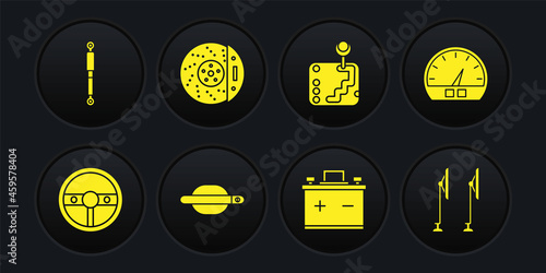 Set Steering wheel, Speedometer, Car door handle, battery, Gear shifter, brake disk with caliper, Windscreen wiper and Shock absorber icon. Vector