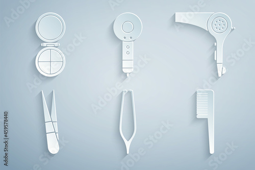 Set Eyebrow tweezers, Hair dryer, Hairbrush, and Makeup powder with mirror icon. Vector