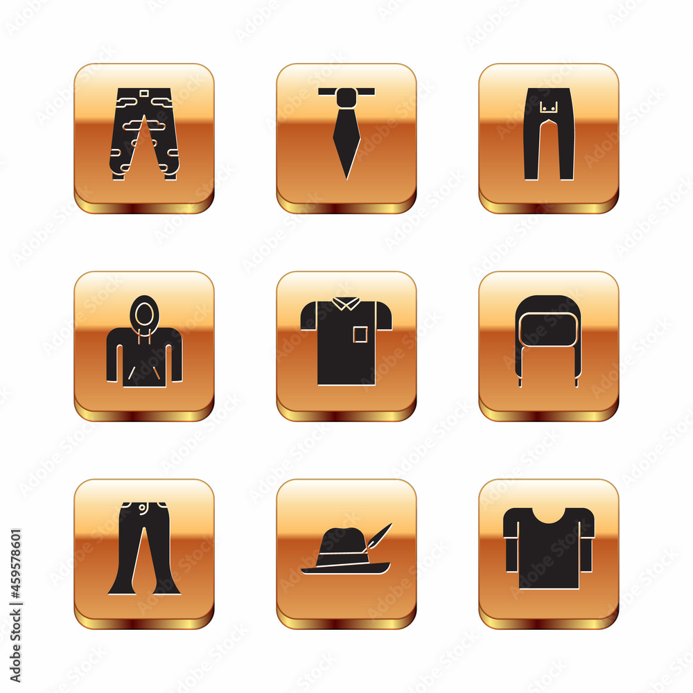 Set Camouflage cargo pants, Pants, Oktoberfest hat, Polo shirt, Hoodie, Long sleeve and Tie icon. Vector Set Camouflage cargo pants, Pants, Oktoberfest hat, Polo shirt, Hoodie, Long sleeve and Tie icon. Vector