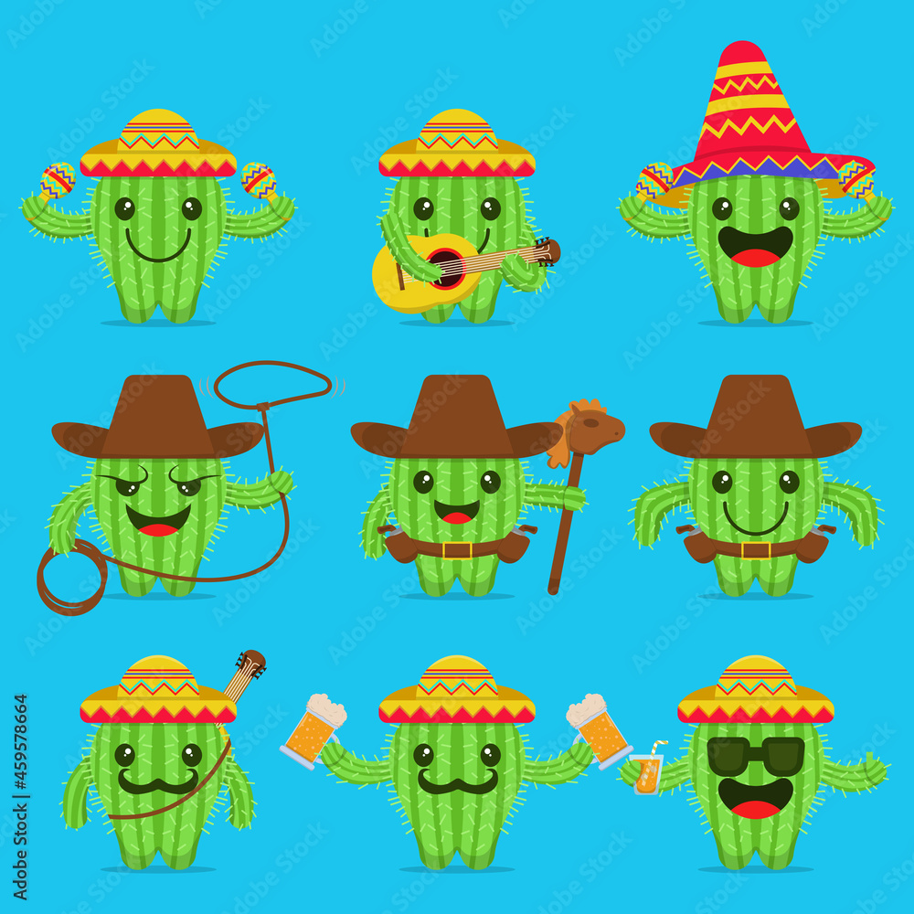 Fototapeta premium vector illustration of a set of mexican cactus characters with various styles and expressions