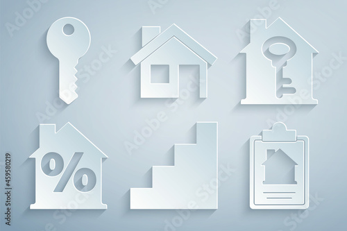 Set Staircase, House with key, percant discount, contract, and icon. Vector