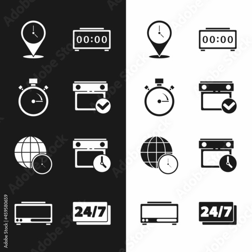 Set Calendar with check mark, Stopwatch, Location clock, Digital alarm, World time, and, Clock 24 hours and icon. Vector