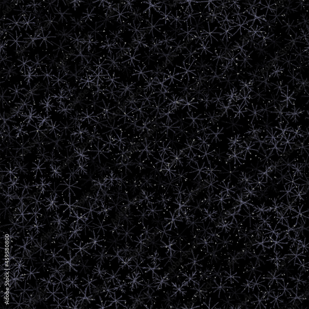 Hand Drawn Snowflakes Christmas Seamless Pattern. Subtle Flying Snow Flakes on chalk snowflakes Background. Attractive chalk handdrawn snow overlay. Radiant holiday season decoration.
