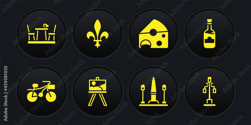 Set Bicycle, Bottles of wine, Easel or painting art boards, Place De La Concorde, Cheese, Fleur Lys, Street light and French cafe icon. Vector Set Bicycle, Bottles of wine, Easel or painting art boards, Place De La Concorde, Cheese, Fleur Lys, Street light and French cafe icon. Vector