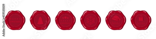 Christmas wax seal with christmas symbols Santa postage stamps Xmas Santa claus post wax stamp set isolated on white background Vector illustration 