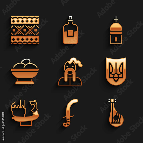 Set Ukrainian cossack, Medieval sword, Bandura, trident, Monument to founders of Kiev, Varenyky bowl, Church tower and ethnic pattern icon. Vector