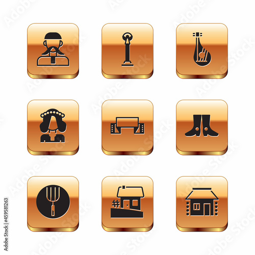 Set Ukrainian cossack, Garden pitchfork, house, Embroidered towel, woman, Bandura, and Monument of Independence icon. Vector
