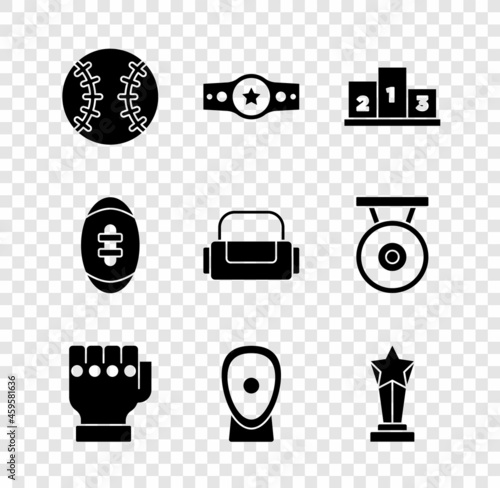 Set Baseball ball, Boxing belt, Award over sports winner podium, MMA glove, training paws, cup, American Football and Sport bag icon. Vector
