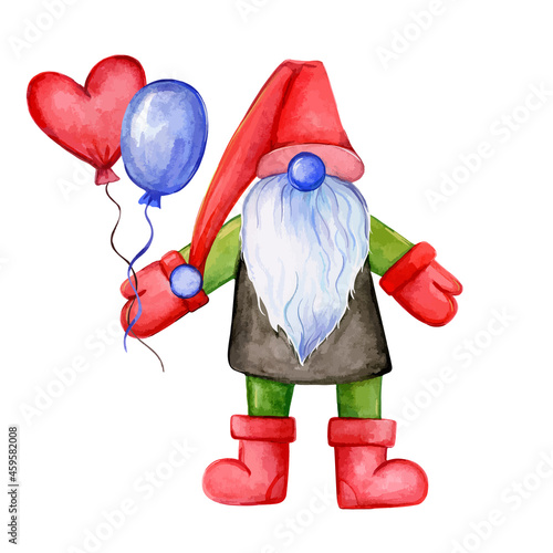 Hand drawn illustration of gnome with a balloons. Gnome Santa Claus. Watercolor illustration 