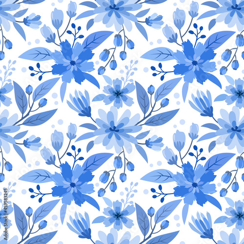 Blue monochrome flower design seamless pattern.