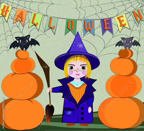 halloween pumpkin and witch and the bat
