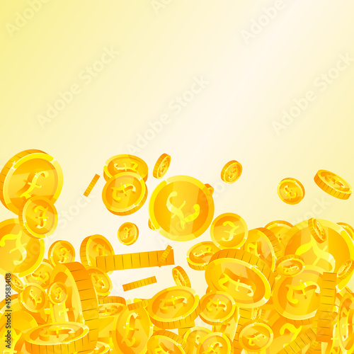 British pound coins falling. Enchanting scattered GBP coins. United Kingdom money. Radiant jackpot, wealth or success concept. Vector illustration.