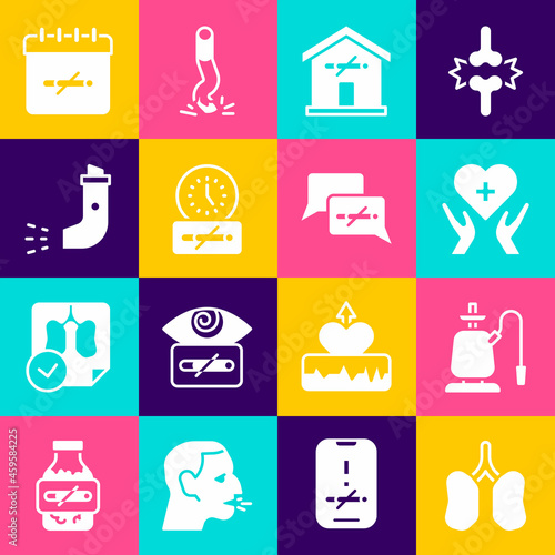 Set Lungs, Hookah, Heart with cross, No smoking at home, time, Inhaler, days and icon. Vector