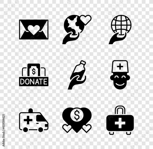 Set Envelope with heart, Hand holding Earth globe, Ambulance car, Donation charity, First aid kit, and water icon. Vector