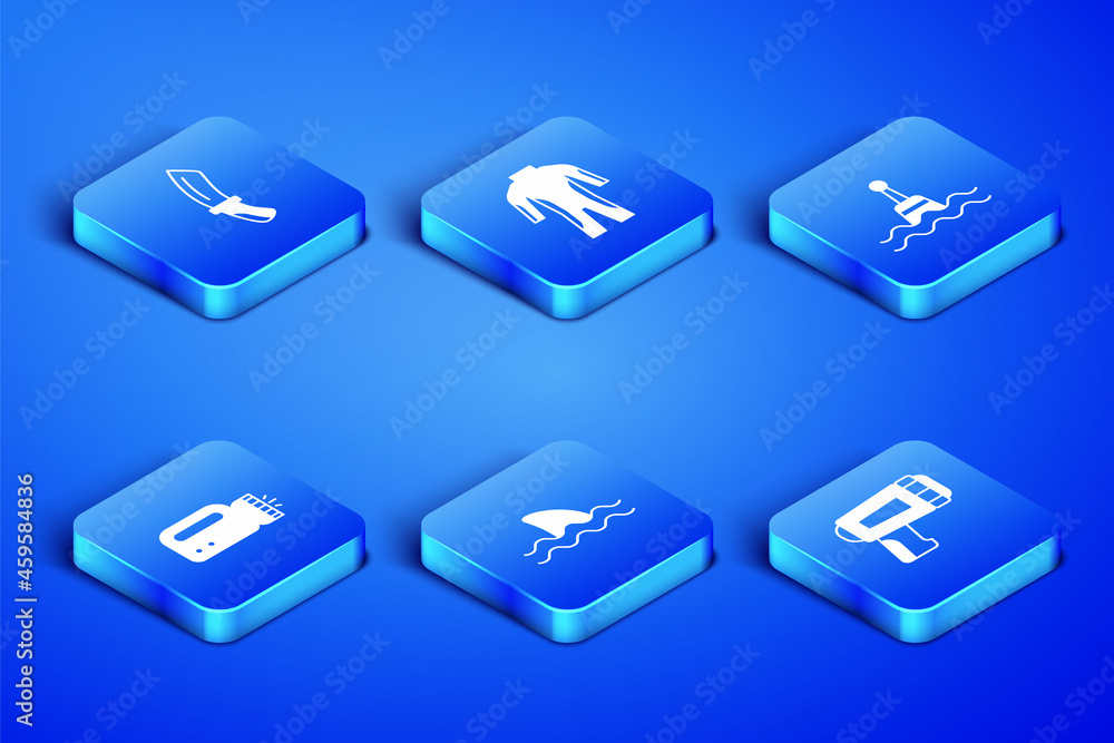 Set Flashlight for diver, Diving knife, Shark, Wetsuit scuba diving and Floating buoy icon. Vector Set Flashlight for diver, Diving knife, Shark, Wetsuit scuba diving and Floating buoy icon. Vector