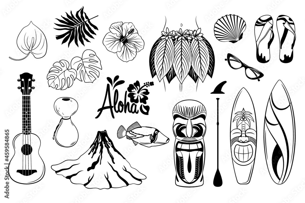 Traditional symbols of Hawaiian culture set. Tropical summer elements ...