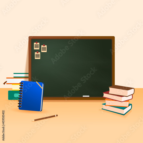 back to school with blackboard and stationary background vector