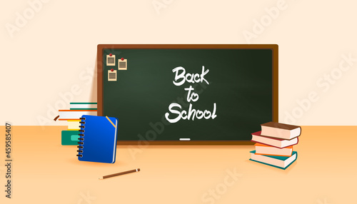 back to school with blackboard and stationary vector illustration