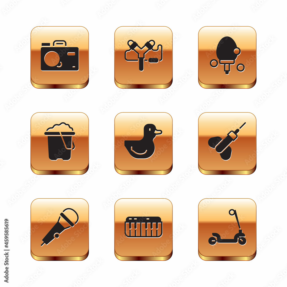 Set Photo camera, Microphone, Music synthesizer, Rubber duck, Sand in bucket, Racket, Roller scooter and Slingshot icon. Vector Set Photo camera, Microphone, Music synthesizer, Rubber duck, Sand in bucket, Racket, Roller scooter and Slingshot icon. Vector