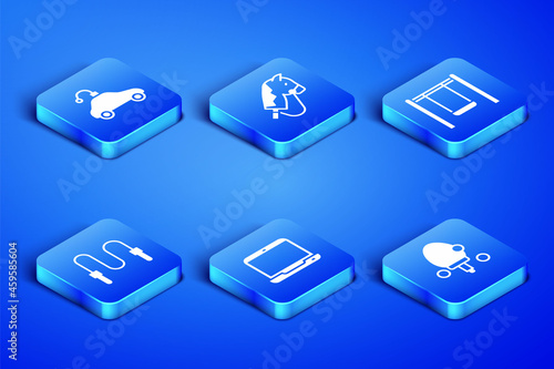 Set Racket, Radio controlled car toy, Laptop, Jump rope, Toy horse and Swing icon. Vector