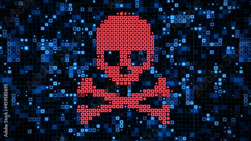 Binary computer data having a computer virus, software piracy, or internet hacking with pirate skull and crossbones concept photo