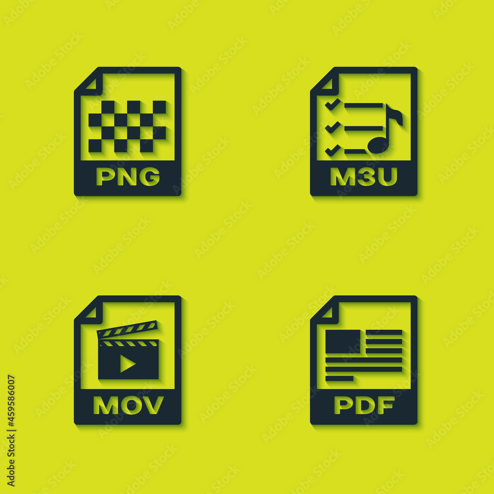 Set PNG file document, PDF, MOV and M3U icon. Vector Set PNG file document, PDF, MOV and M3U icon. Vector