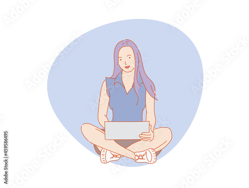 beautiful woman or cute girl  sitting in front  computer laptop   colorful vector