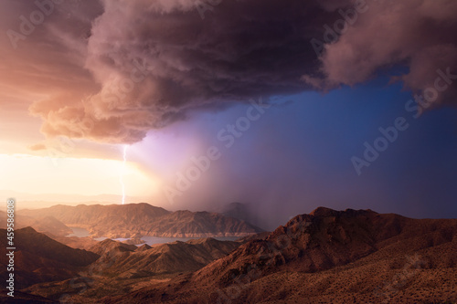 Dramatic sky and sunset storm over Lake Mead