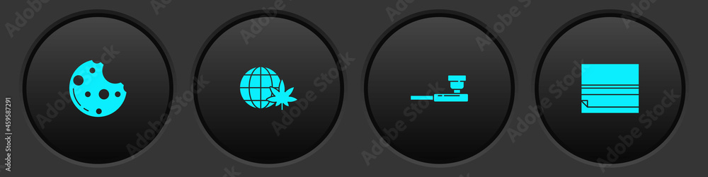 Set Cookies with marijuana, Legalize globe, Smoking pipe and Rolling paper icon. Vector Set Cookies with marijuana, Legalize globe, Smoking pipe and Rolling paper icon. Vector