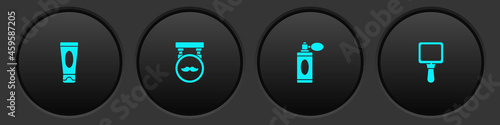 Set Cream or lotion cosmetic tube, Barbershop, Aftershave bottle with atomizer and Hand mirror icon. Vector