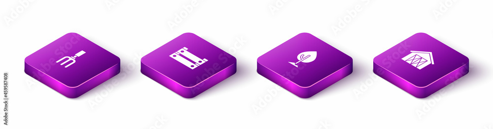 Set Isometric Garden rake, Wooden box, Tree and Farm house icon. Vector Set Isometric Garden rake, Wooden box, Tree and Farm house icon. Vector