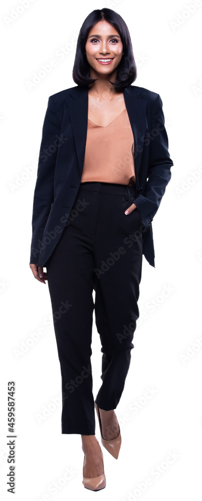 Full Length Indian Arab Business Woman Stand black Formal Suit pants walk. Lawyer Boss walk forward Full Length Indian Arab Business Woman Stand black Formal Suit pants walk. Lawyer Boss walk forward