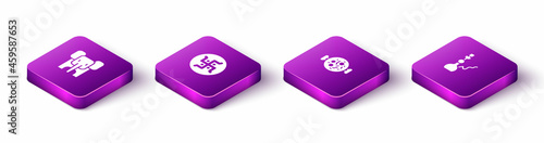 Set Isometric Elephant, Hindu swastika, Chicken tikka masala and Hookah icon. Vector