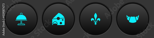 Set Covered with tray, Cheese, Fleur De Lys and Croissant icon. Vector