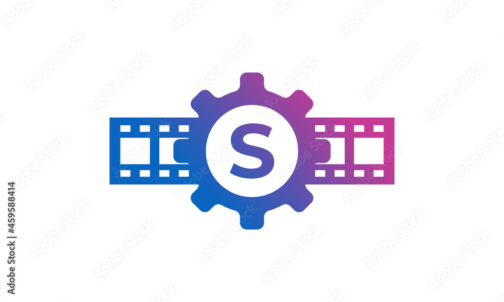 Initial Letter S Gear Cog Wheel with Reel Stripes Filmstrip for Film Movie Cinema Production Studio Logo Inspiration Initial Letter S Gear Cog Wheel with Reel Stripes Filmstrip for Film Movie Cinema Production Studio Logo Inspiration