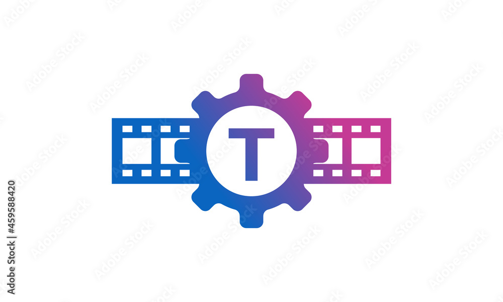 Initial Letter T Gear Cog Wheel with Reel Stripes Filmstrip for Film Movie Cinema Production Studio Logo Inspiration Initial Letter T Gear Cog Wheel with Reel Stripes Filmstrip for Film Movie Cinema Production Studio Logo Inspiration