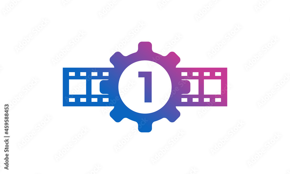 Number 1 Gear Cog Wheel with Reel Stripes Filmstrip for Film Movie Cinema Production Studio Logo Inspiration Number 1 Gear Cog Wheel with Reel Stripes Filmstrip for Film Movie Cinema Production Studio Logo Inspiration