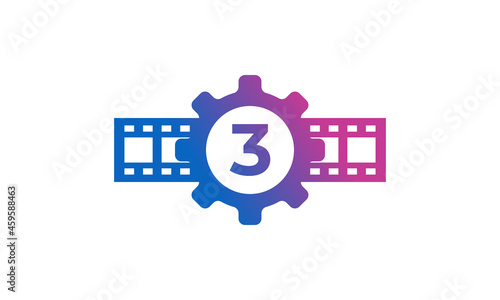 Number 3 Gear Cog Wheel with Reel Stripes Filmstrip for Film Movie Cinema Production Studio Logo Inspiration