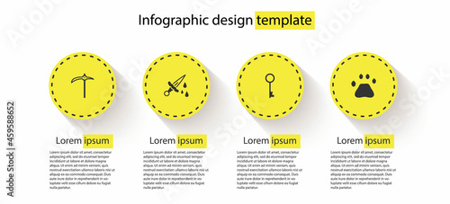 Set Pickaxe, Sword with blood, Old key and Bear paw footprint. Business infographic template. Vector