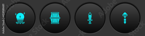 Set Magic ball, Gun powder barrel, Sword for game and wand icon. Vector