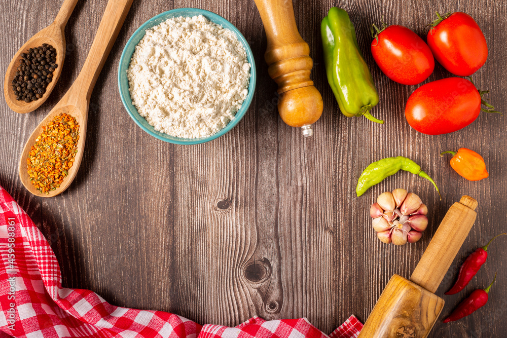 Wooden table with ingredients for pizza. Wooden table with ingredients for pizza.