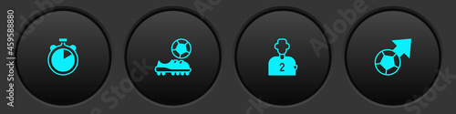 Set Stopwatch, Football shoes, or soccer player and Soccer football icon. Vector
